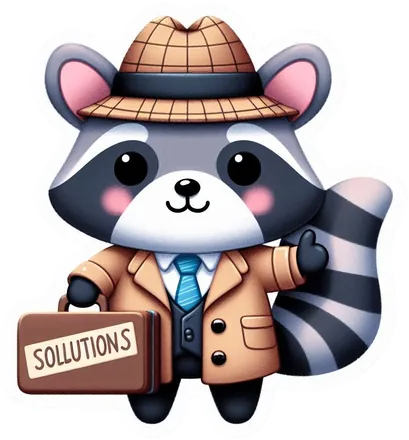 Round-cheeked raccoon in a checked hat and trench coat carrying a Solutions case
