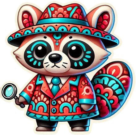 Red and turquoise sugar-skull raccoon in a patterned suit holding a magnifying glass
