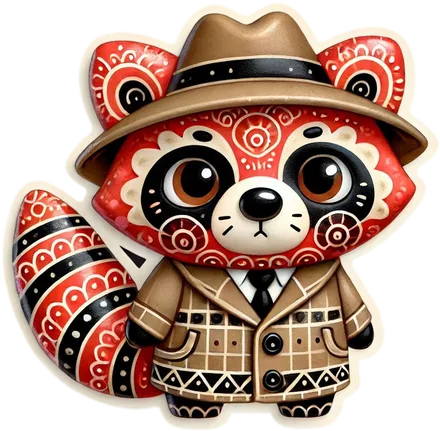 Red patterned raccoon in a tan trench coat and fedora